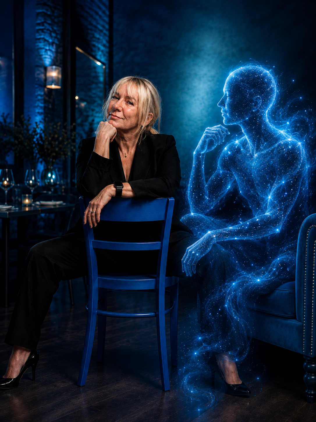 Beverley Wainwright, founder of Cleaning Genius AI, seated beside Genie formed from light
