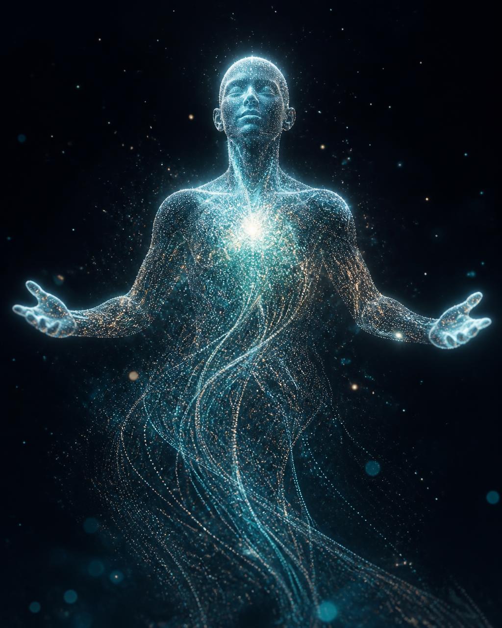 Genie, a calm and intelligent human figure formed entirely of soft teal, white and gold particles of light